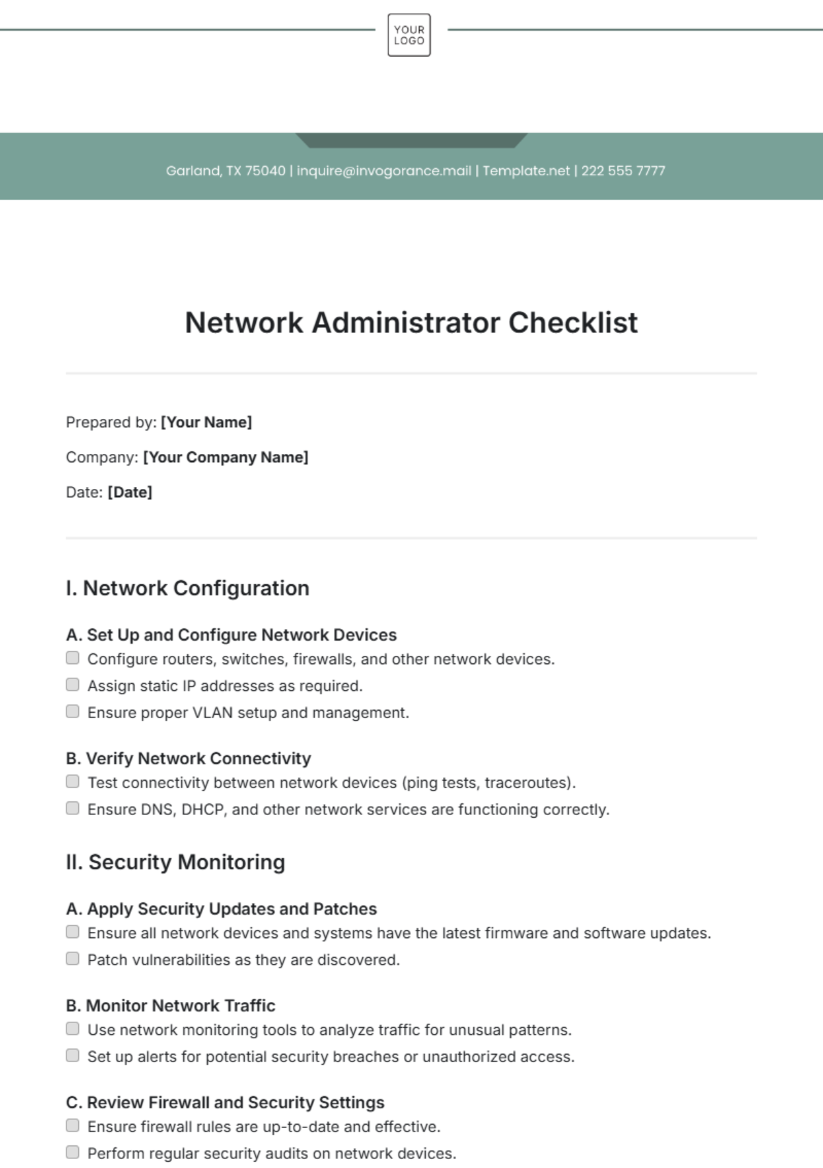 Network Administrator Checklist Template - Edit Online & Download