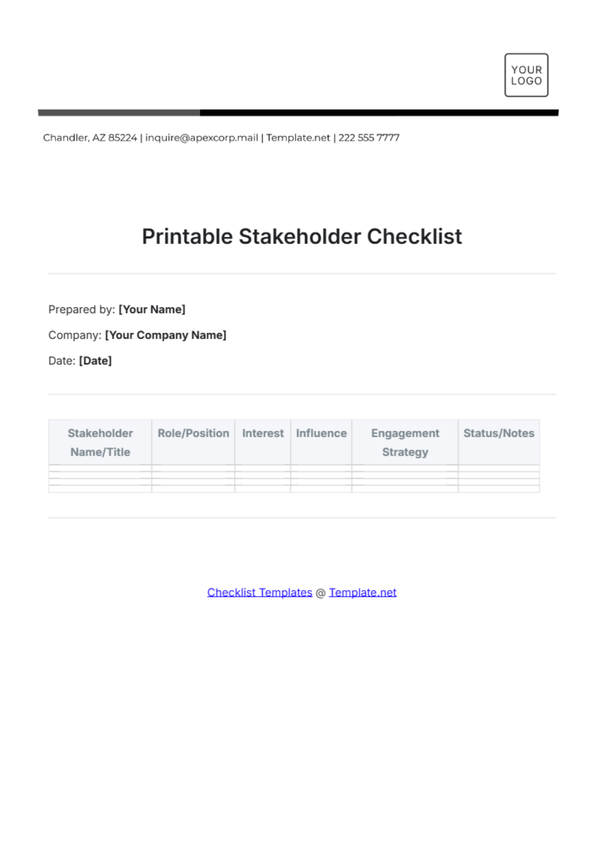 Free Printable Stakeholder Checklist Template