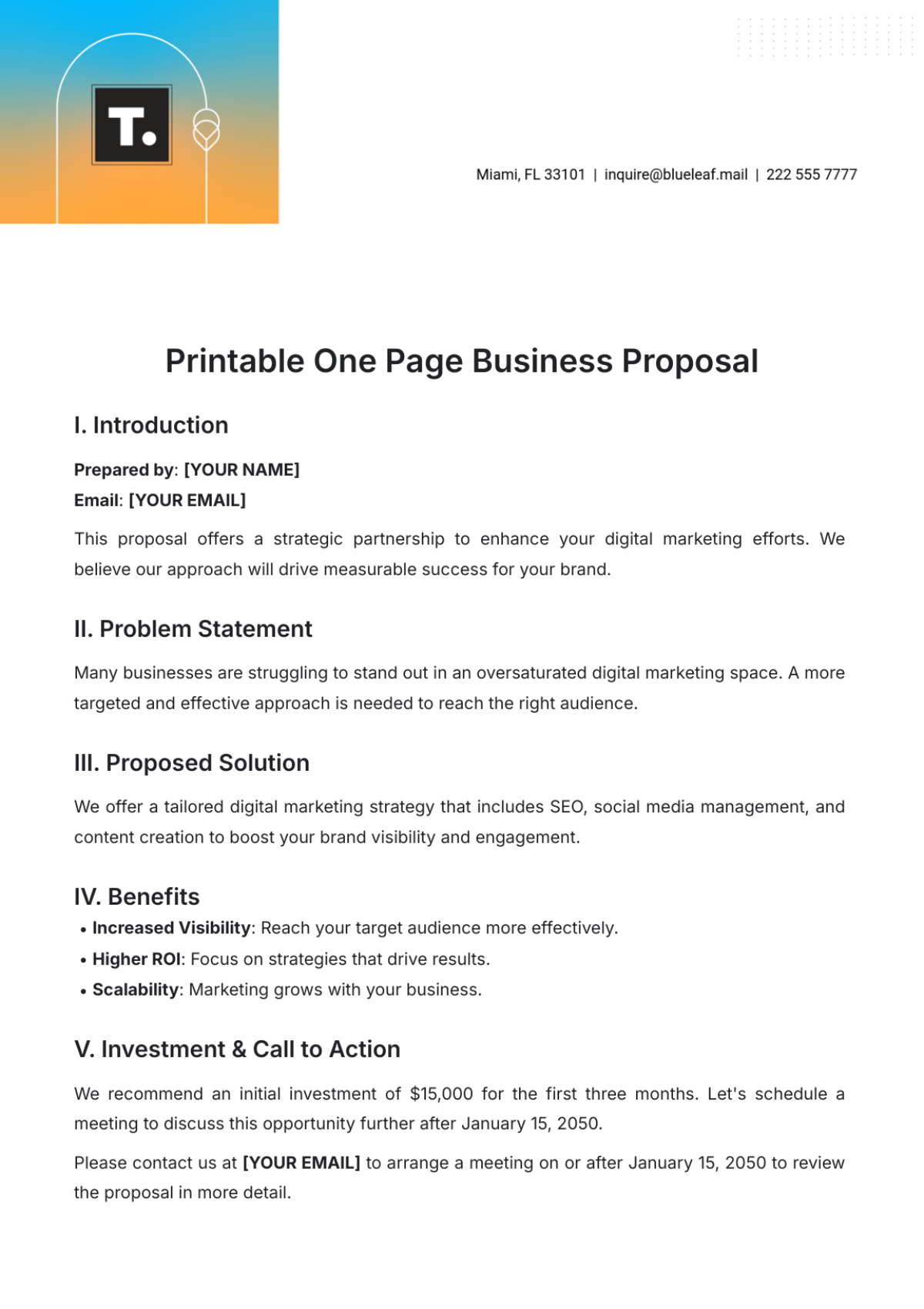 Printable One Page Business Proposal Template