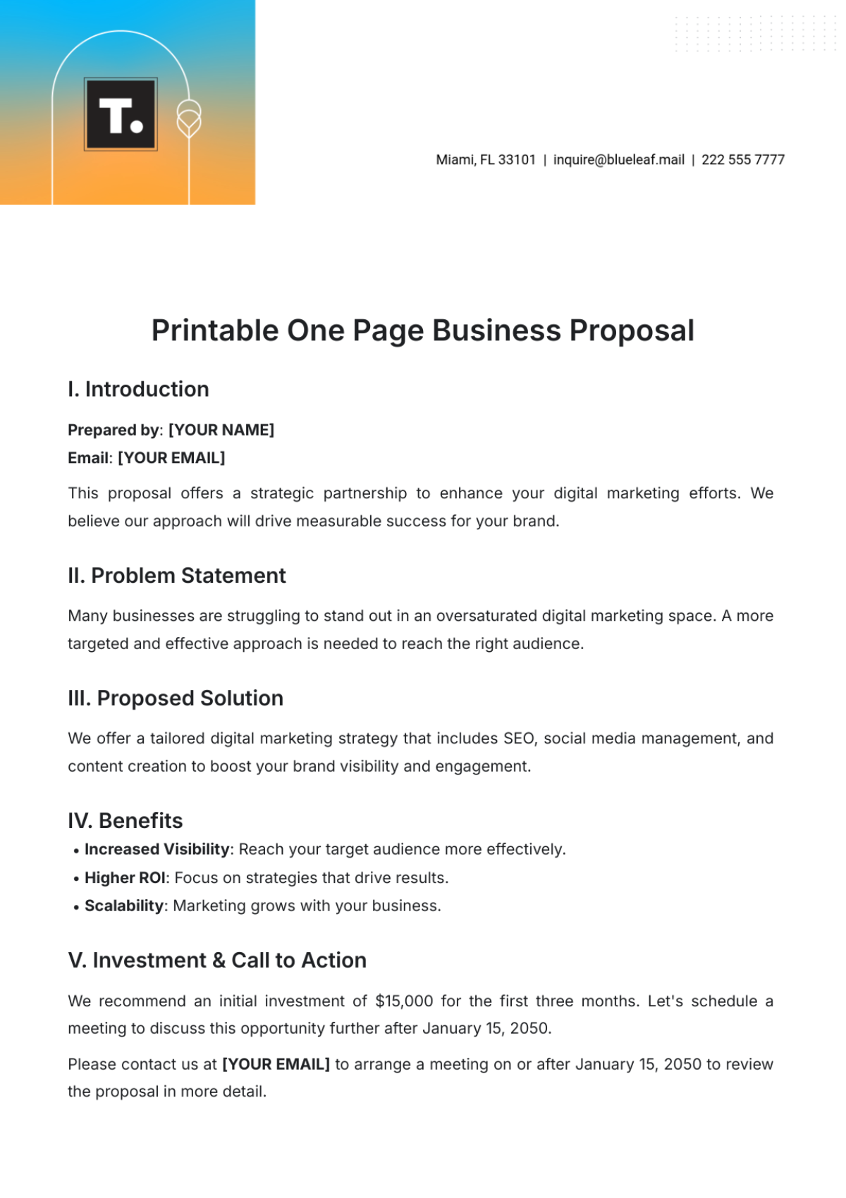 One Page Proposal Template Free One Page Proposal Templates Editable One Page Proposal Template Free One Page Proposal Templates Editable