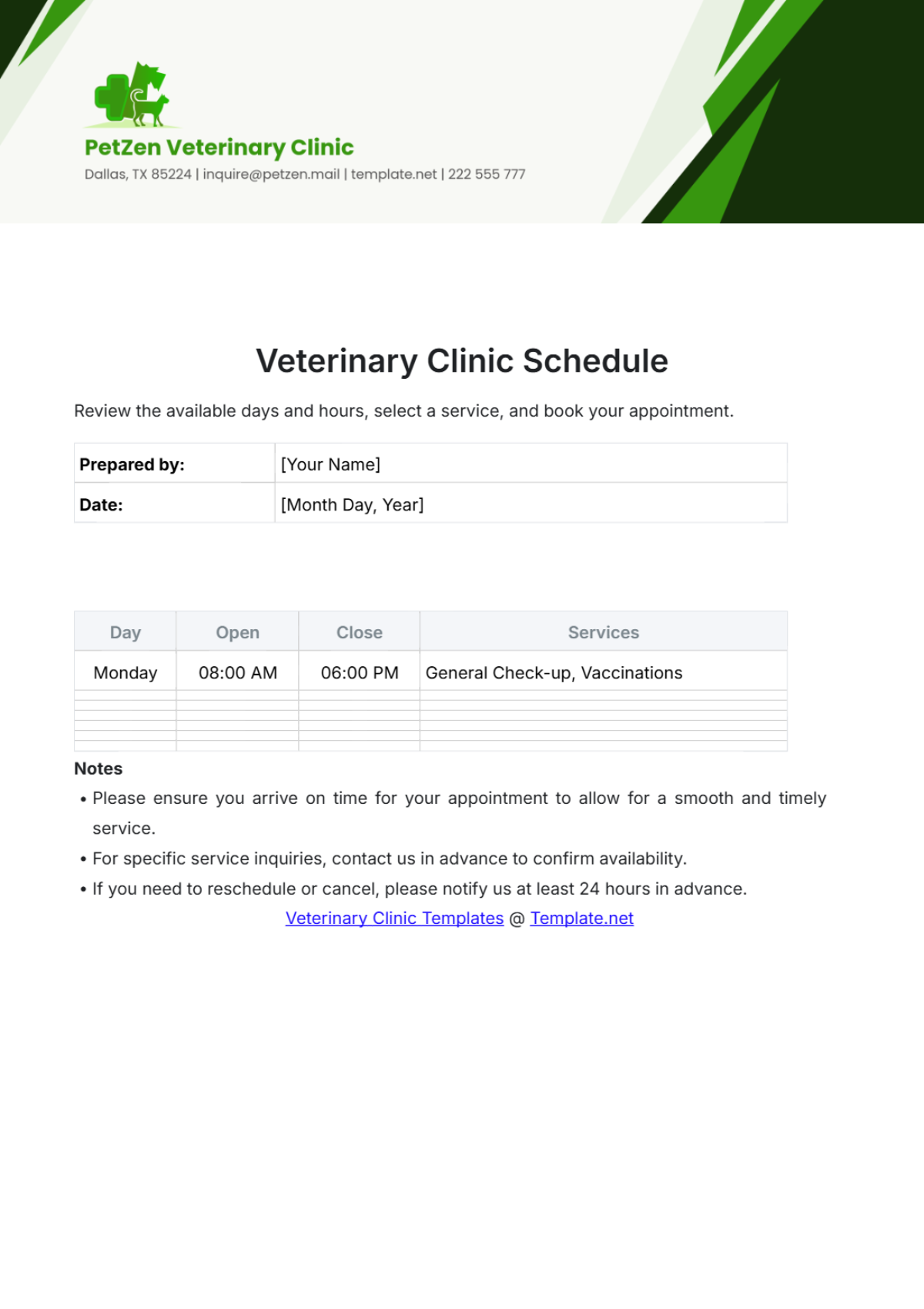 Veterinary Clinic Schedule Template - Edit Online & Download