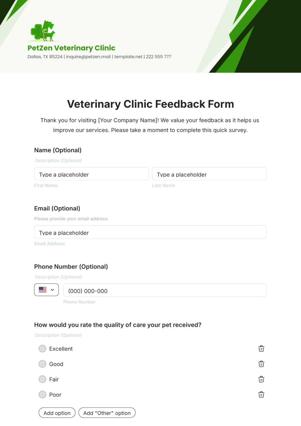 Veterinary Clinic Feedback Form Template - Edit Online & Download