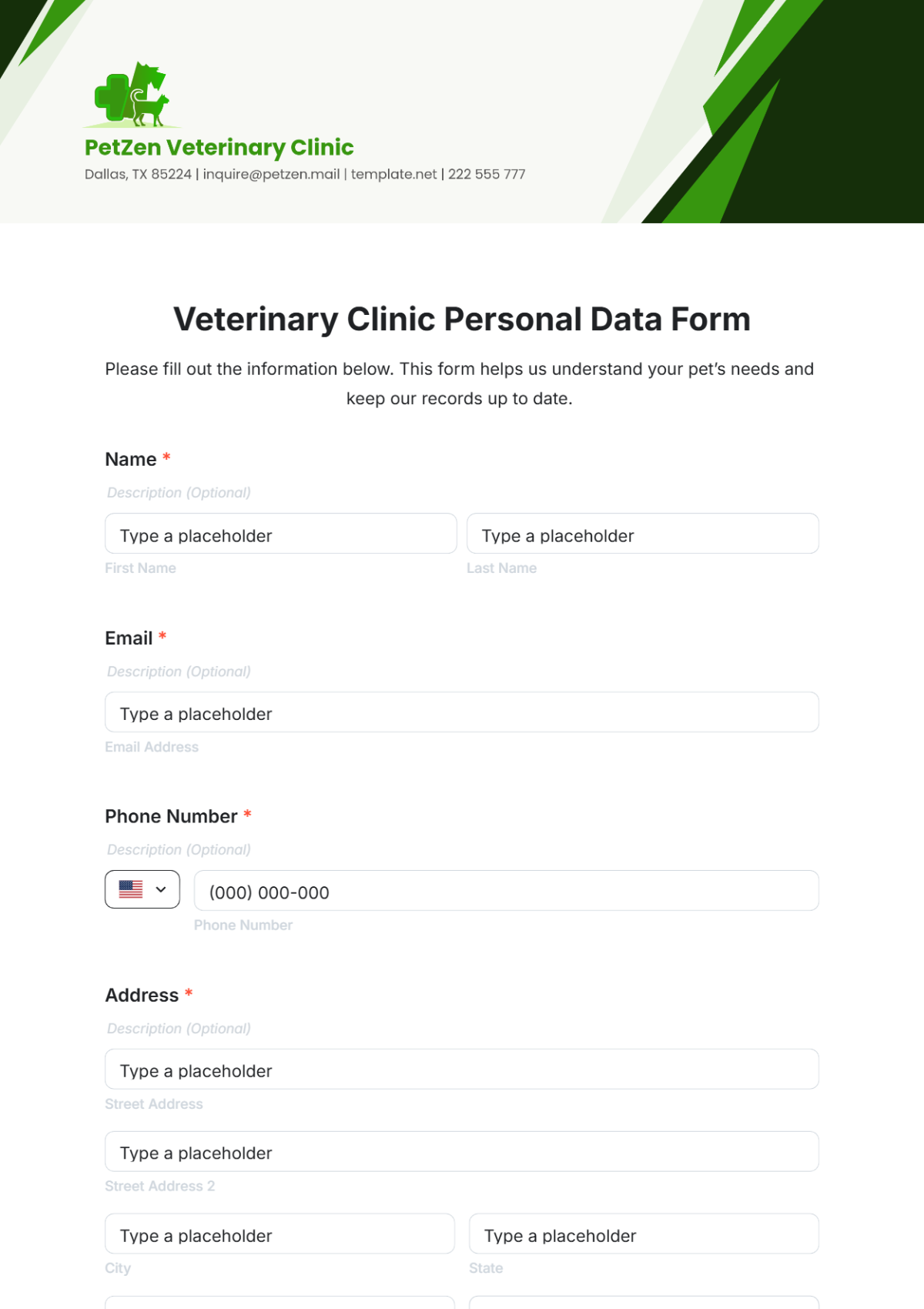 Veterinary Clinic Personal Data Form Template - Edit Online & Download