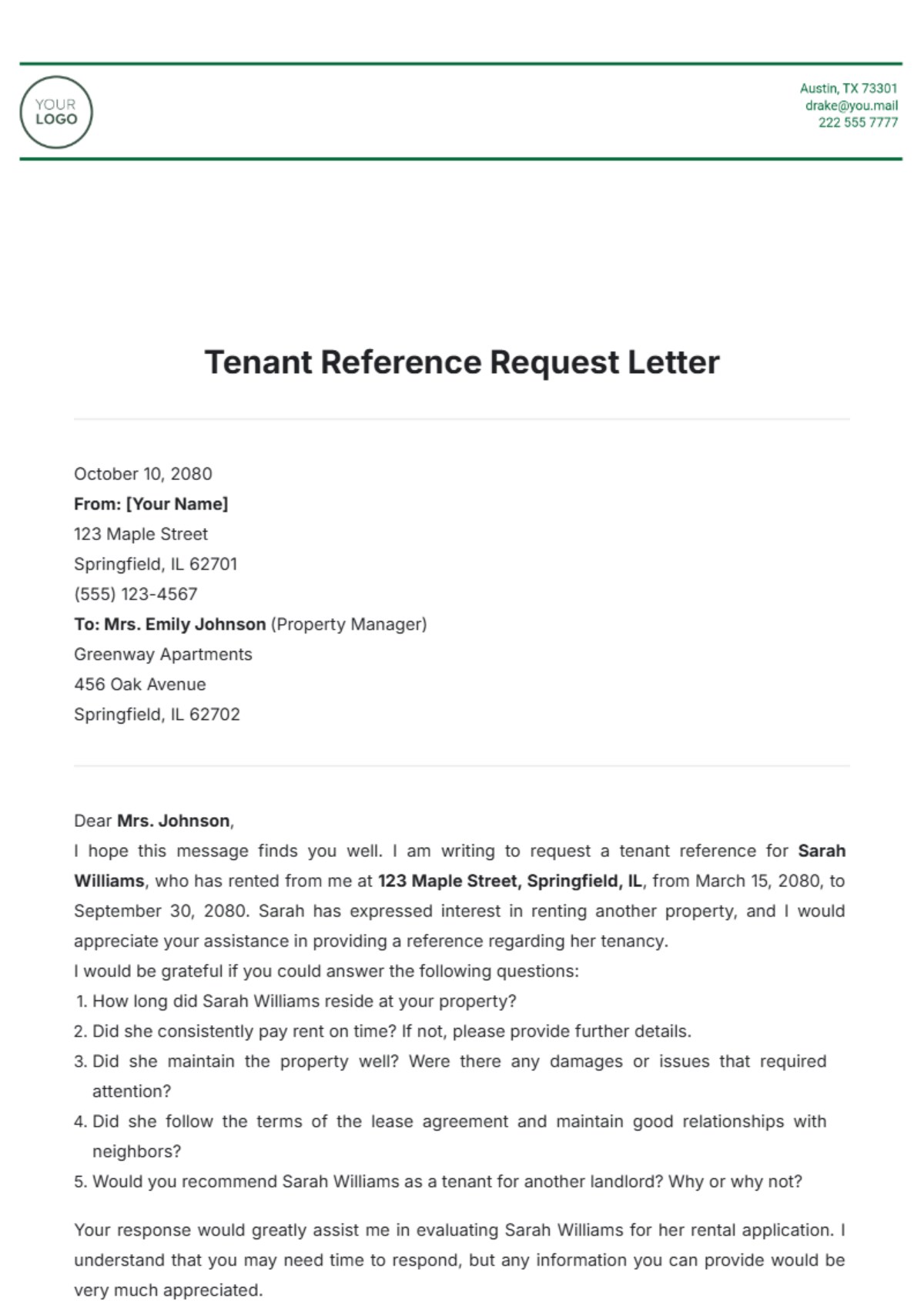 Tenant Reference Request Letter Template - Edit Online & Download