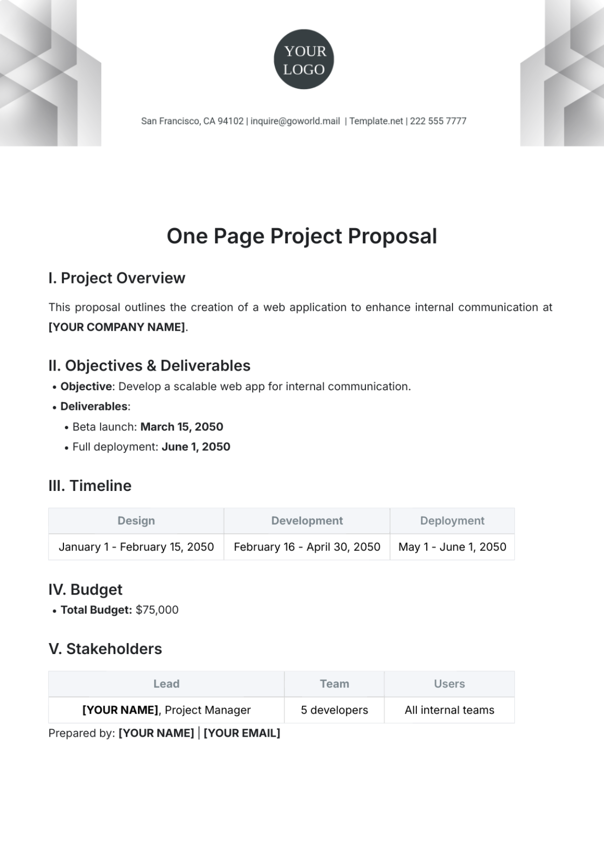 One Page Project Proposal Template