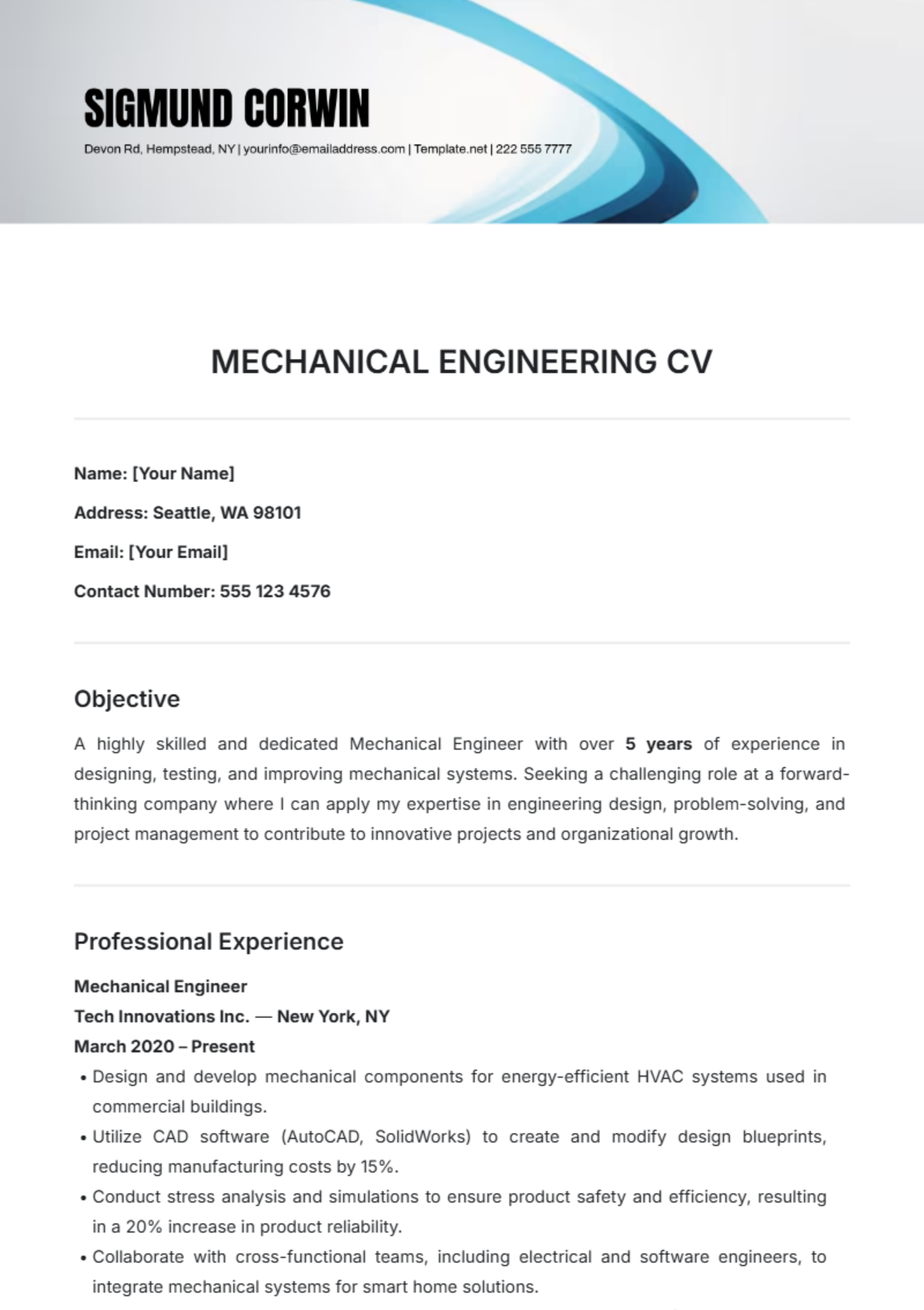 Mechanical Engineering CV Template - Edit Online & Download