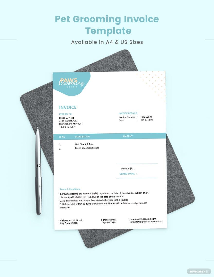 Pet Grooming Invoice Template in Google Docs, Google Sheets, InDesign, Illustrator, Word, PSD, Excel, Pages, PDF, Apple Numbers - Download | Template.net