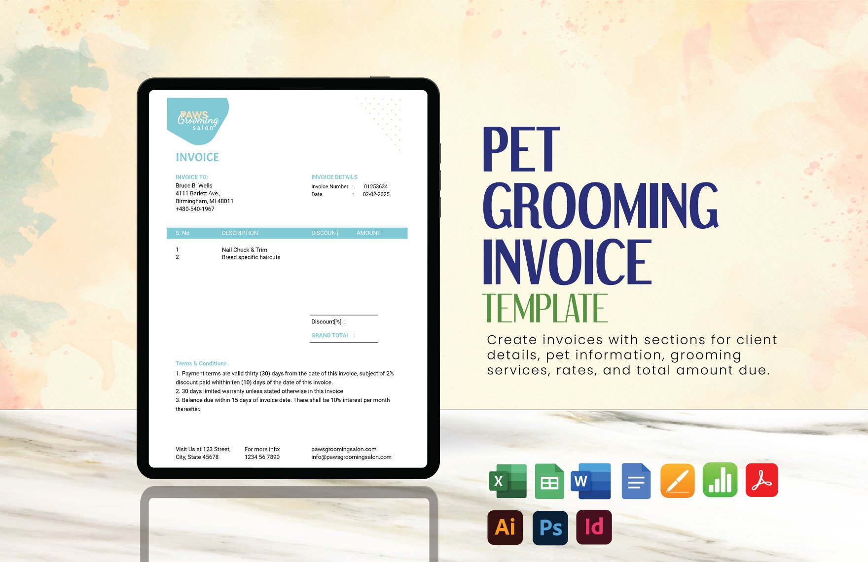Pet Grooming Invoice Template in Word, Google Docs, Excel, PDF, Google Sheets, Illustrator, PSD, Apple Pages, InDesign, Apple Numbers