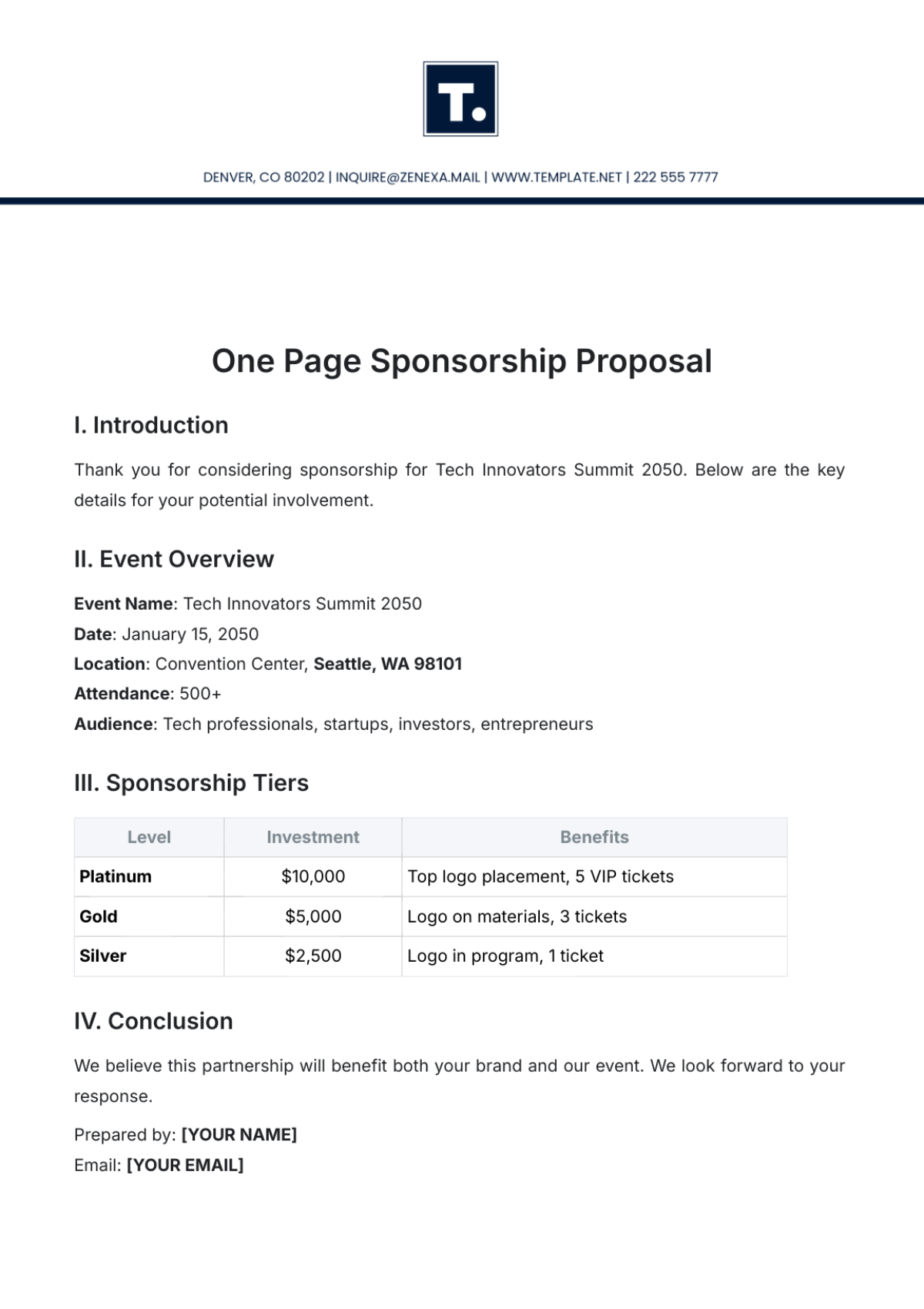 One Page Sponsorship Proposal Template