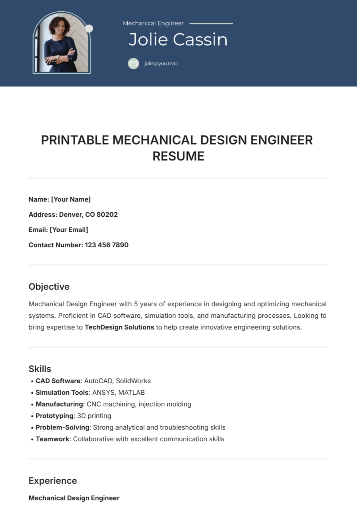 Printable Mechanical Design Engineer Resume Template - Edit Online & Download