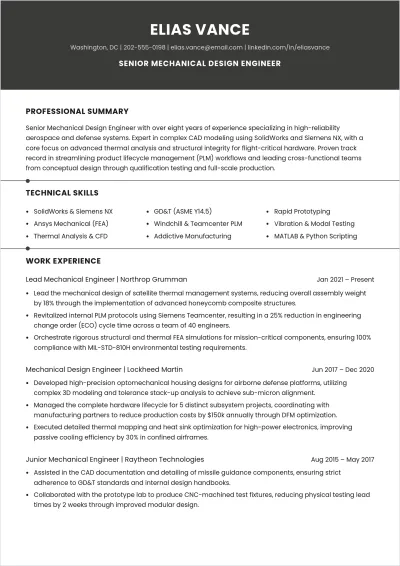 Free Printable Mechanical Design Engineer ATS Resume Template