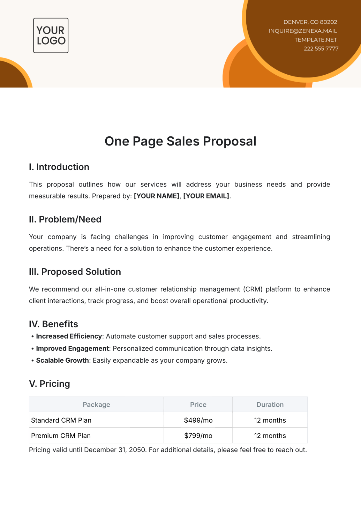 One Page Sales Proposal Template