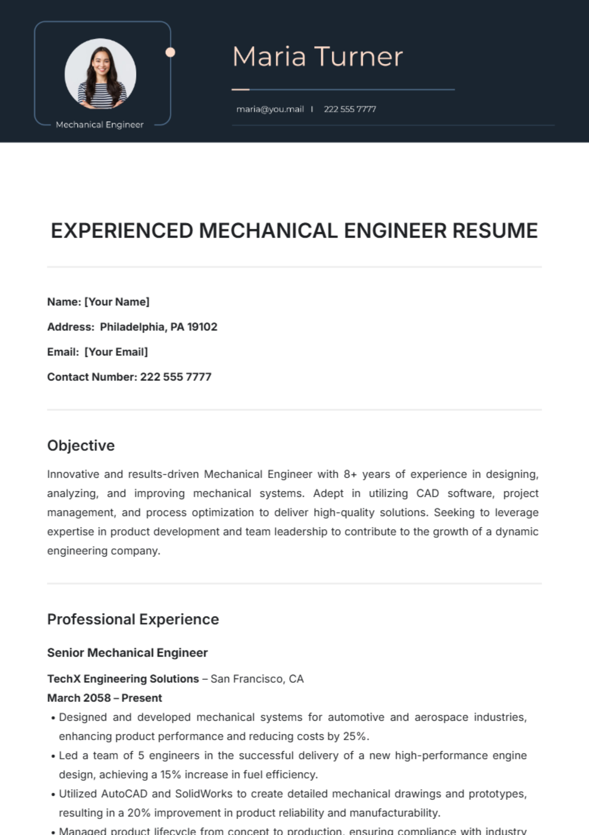 Experienced Mechanical Engineer Resume Template - Edit Online & Download