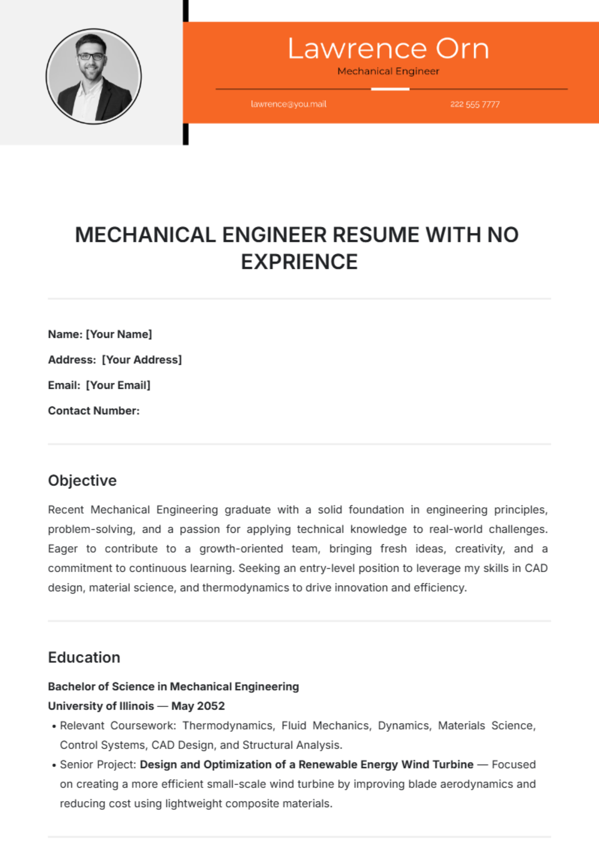 Mechanical Engineer Resume with No Experience Template - Edit Online & Download