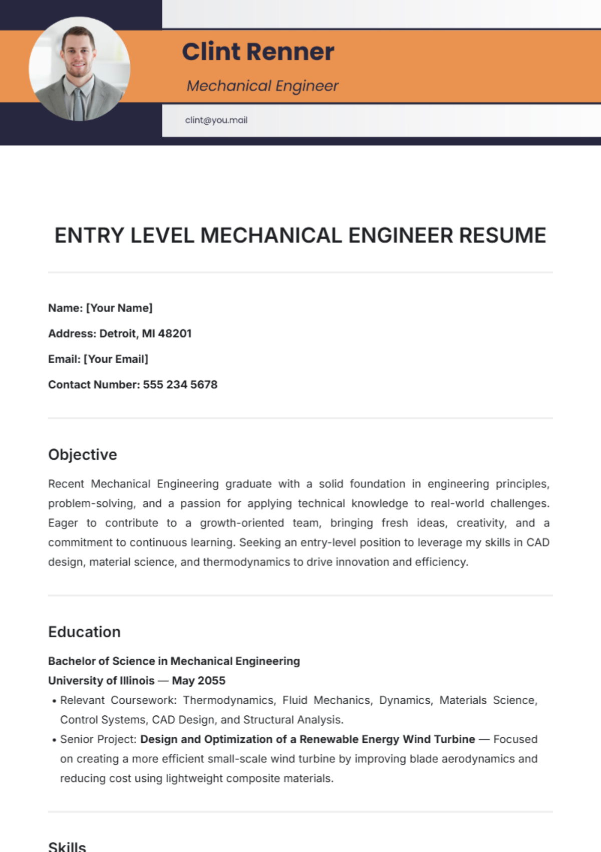 Entry Level Mechanical Engineer Resume Template - Edit Online & Download