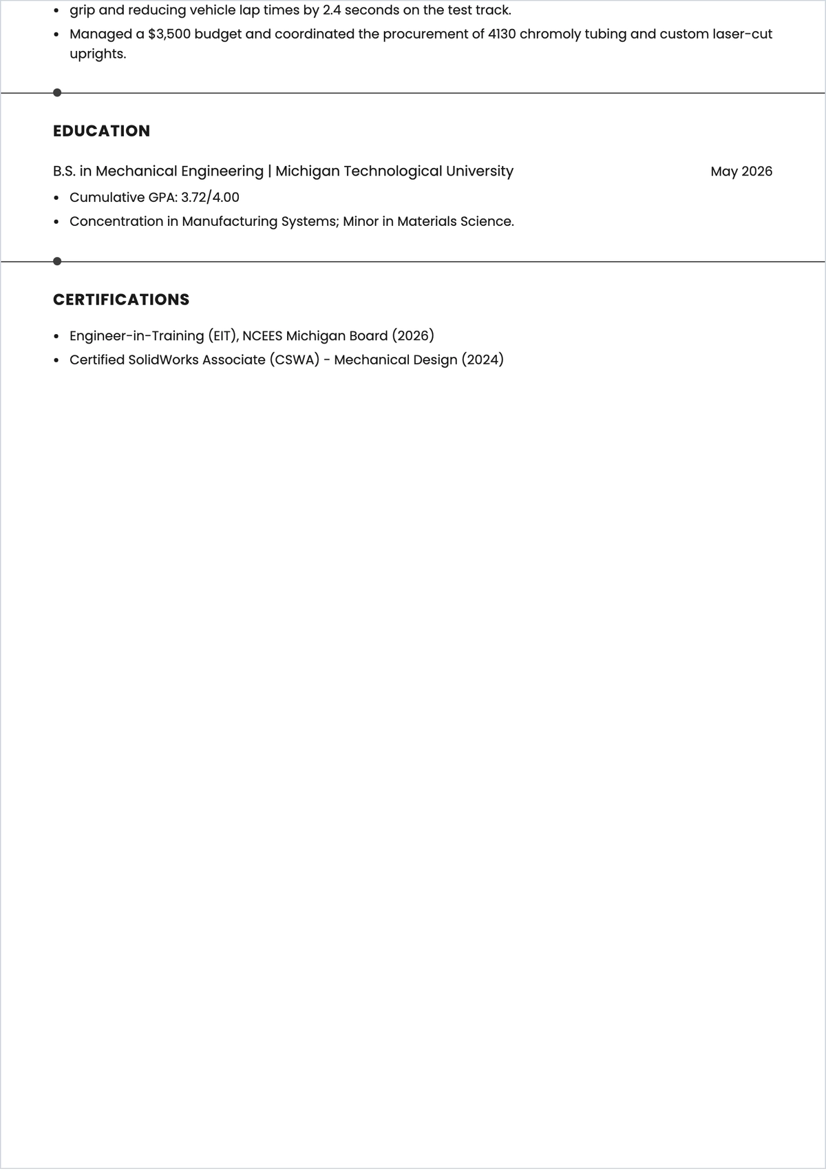 Free Entry Level Mechanical Engineer ATS Resume Template