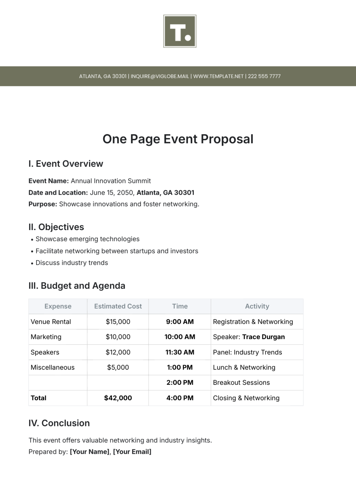 One Page Event Proposal Template