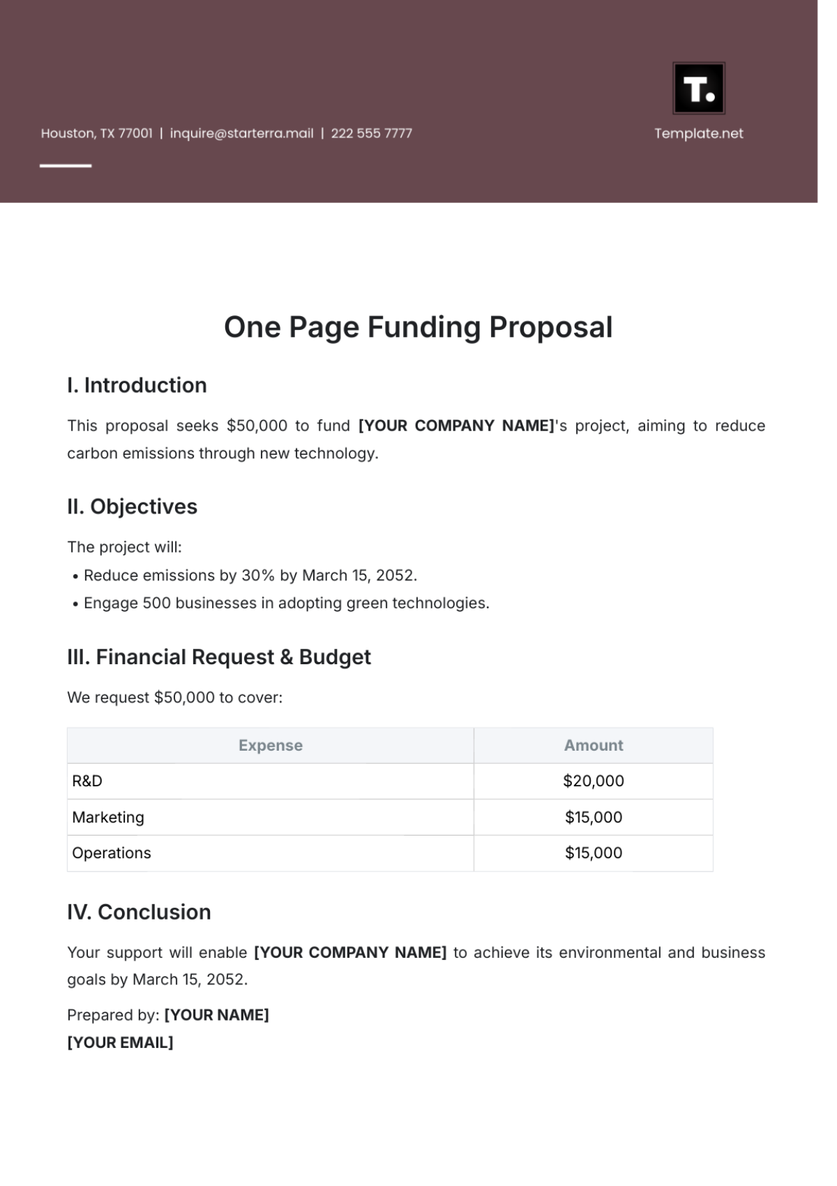 One Page Funding Proposal Template