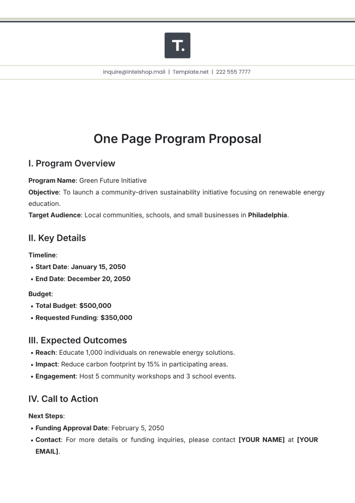 One Page Program Proposal Template