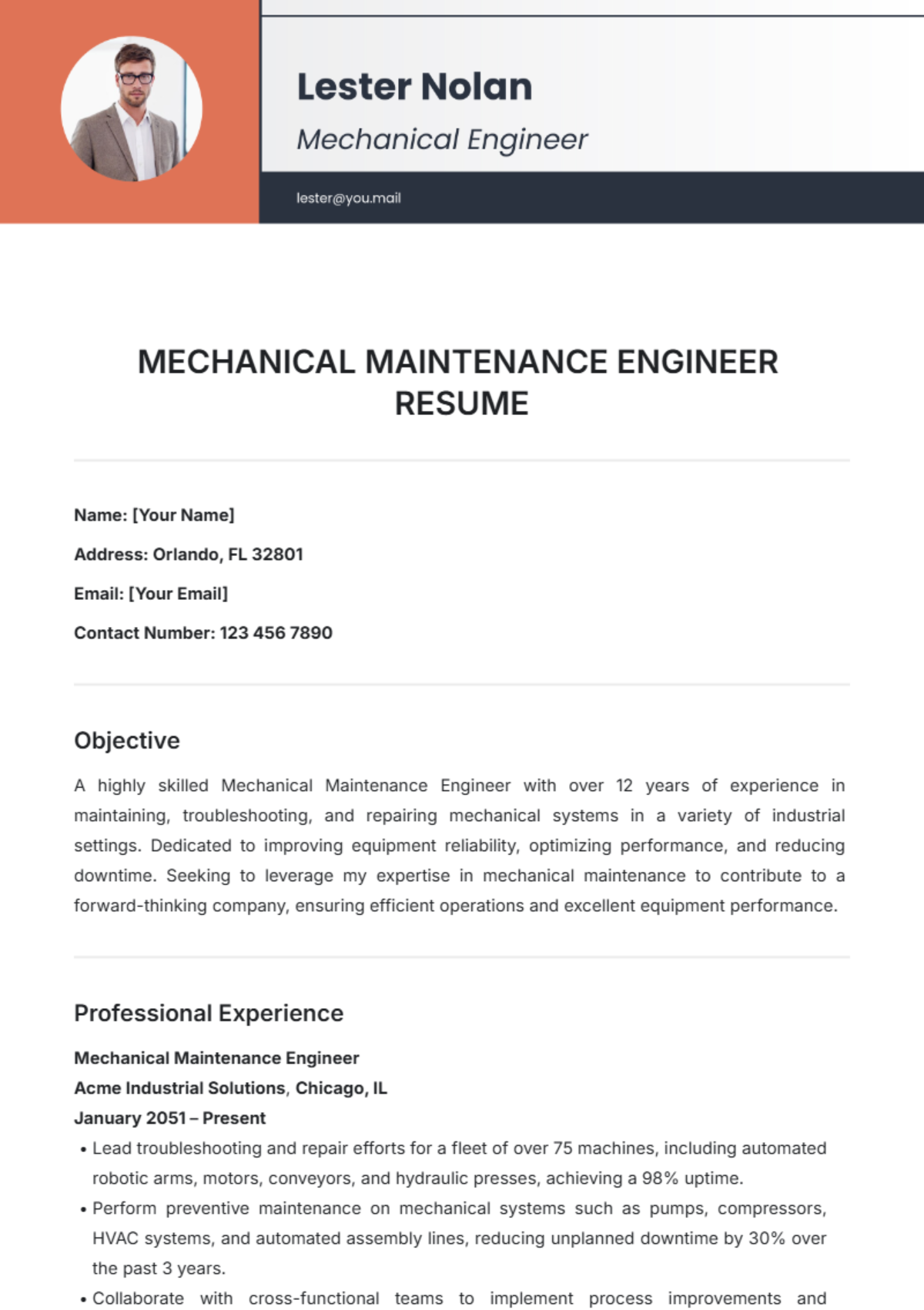 Mechanical Maintenance Engineer Resume Template - Edit Online & Download