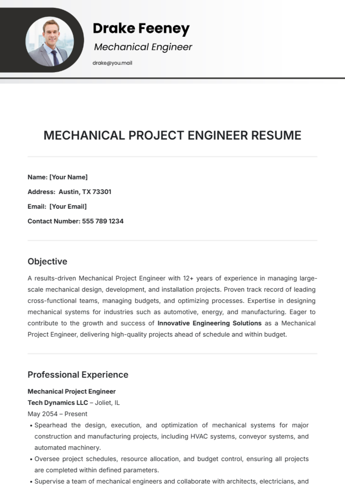 Mechanical Project Engineer Resume Template - Edit Online & Download