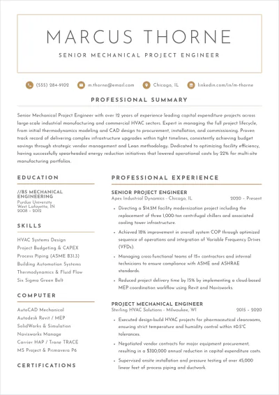 Free Mechanical Project Engineer ATS Resume Template