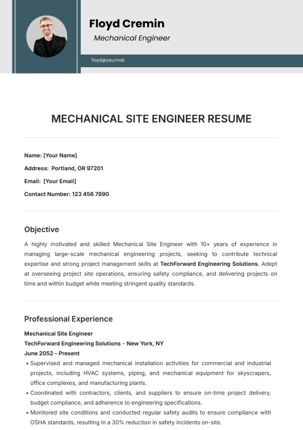 Mechanical Site Engineer Resume Template - Edit Online & Download