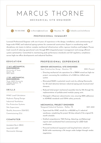 Free Mechanical Site Engineer ATS Resume Template, AI Resume Builder
