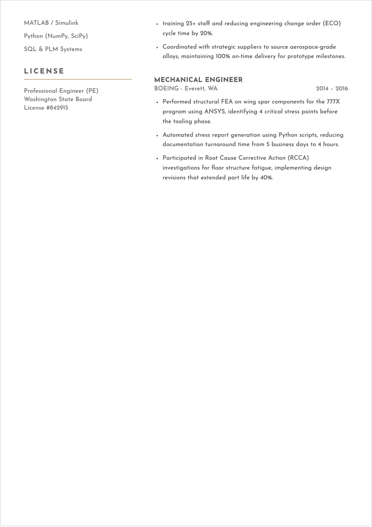 Free Mechanical Engineer Qualifications ATS Resume Template