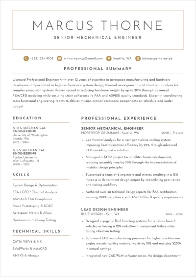 Free Mechanical Engineer Qualifications ATS Resume Template