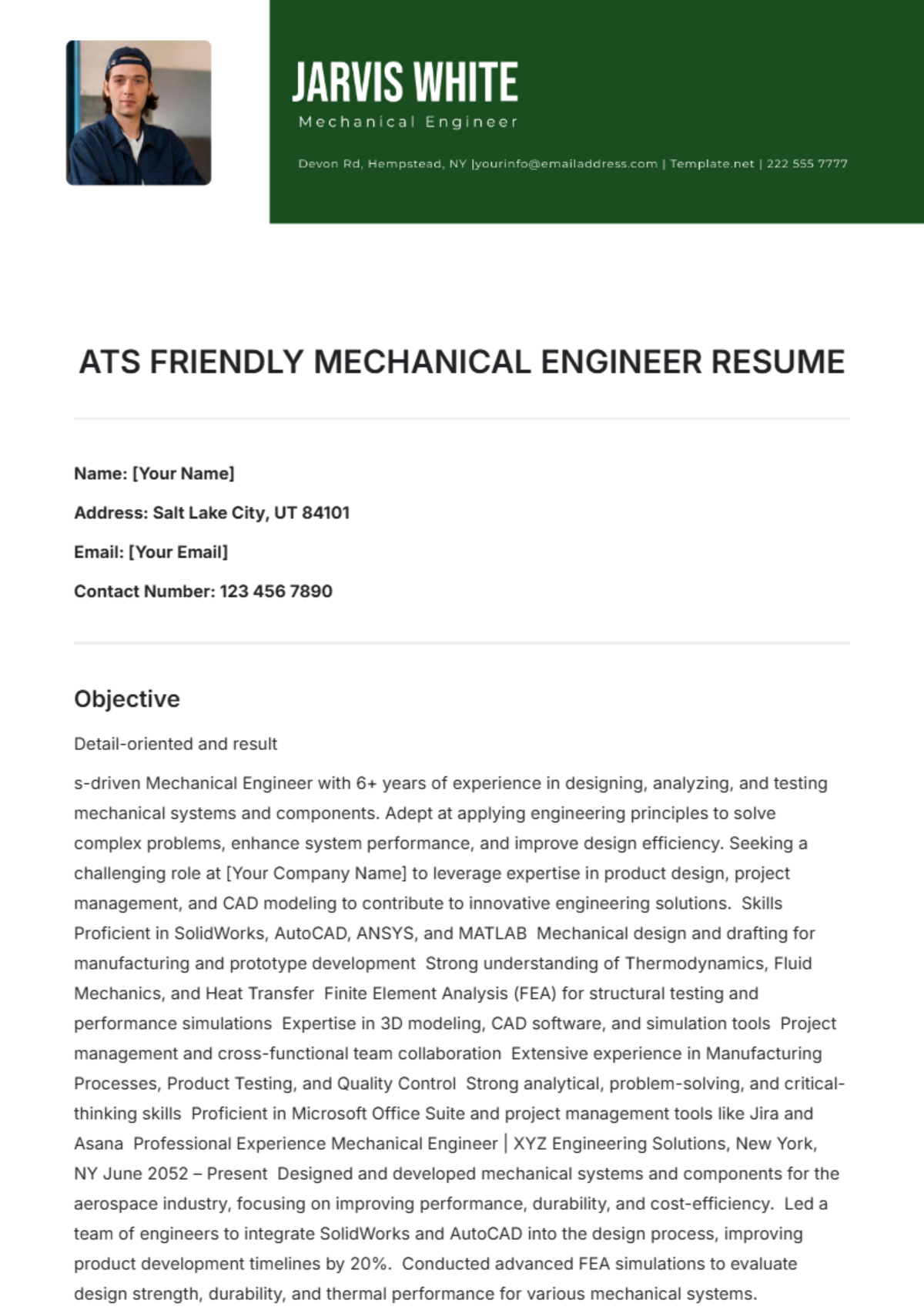 ATS Friendly Mechanical Engineer Resume Template - Edit Online & Download