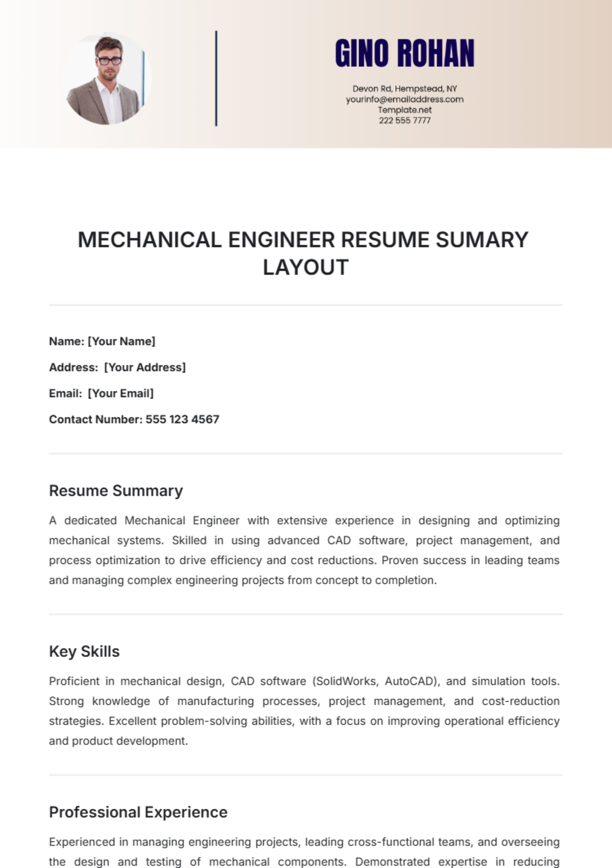 Mechanical Engineer Resume Summary Layout Template - Edit Online & Download