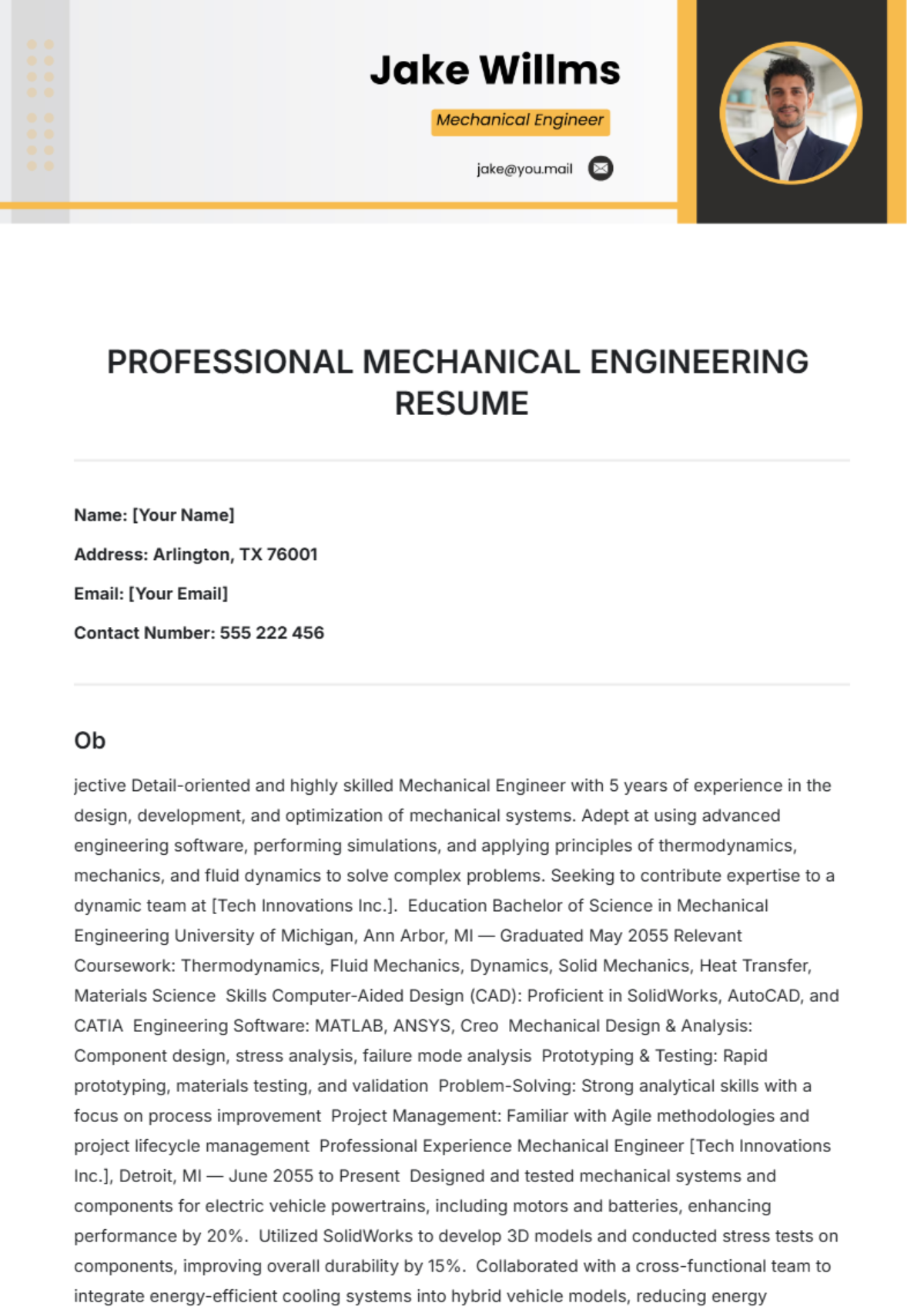 Professional Mechanical Engineering Resume Template - Edit Online & Download