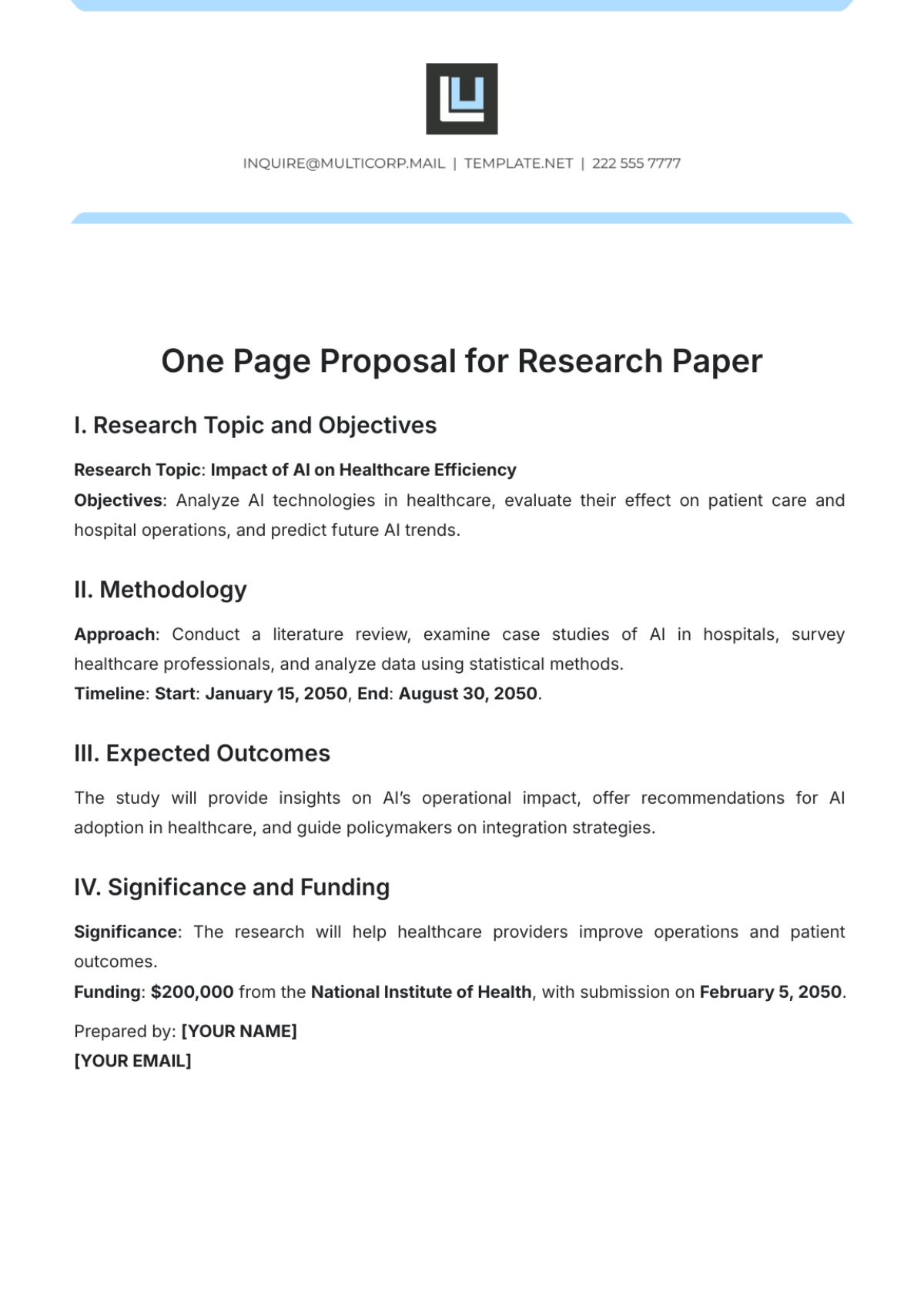 One Page Proposal for Research Paper Template