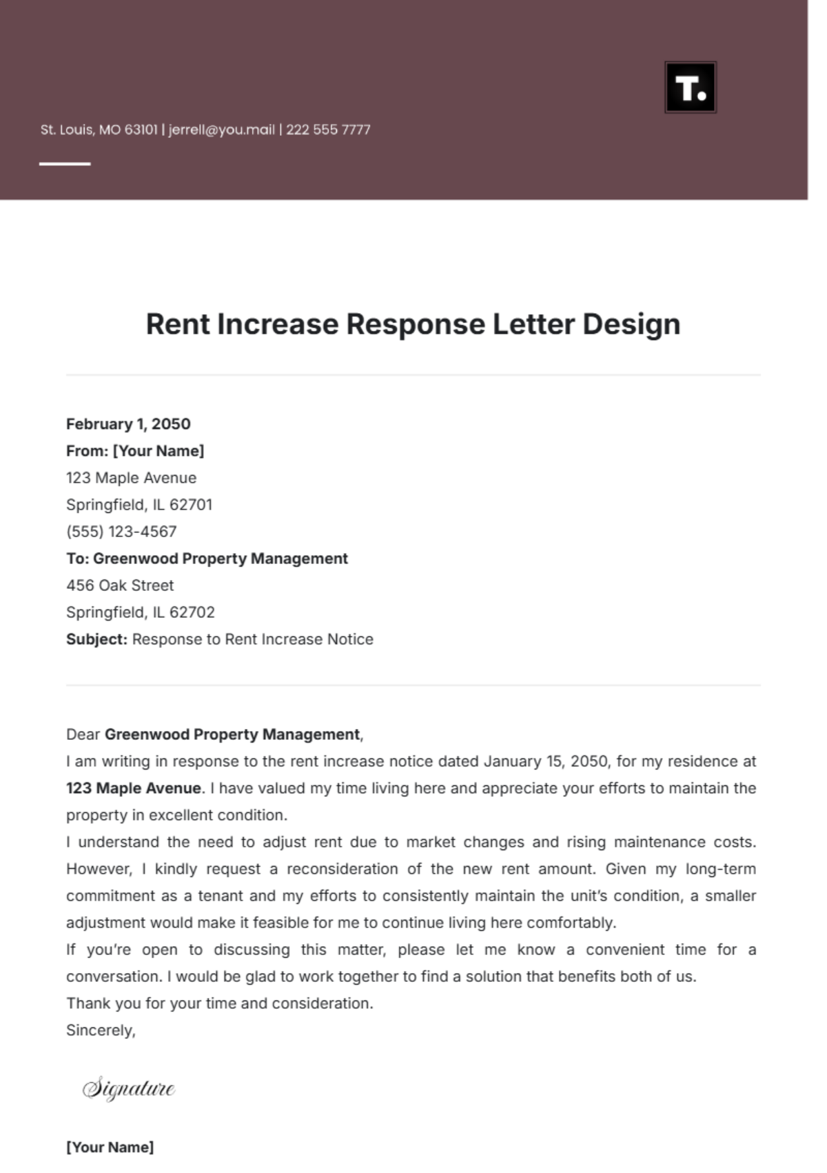 Rent Increase Response Letter Design Template