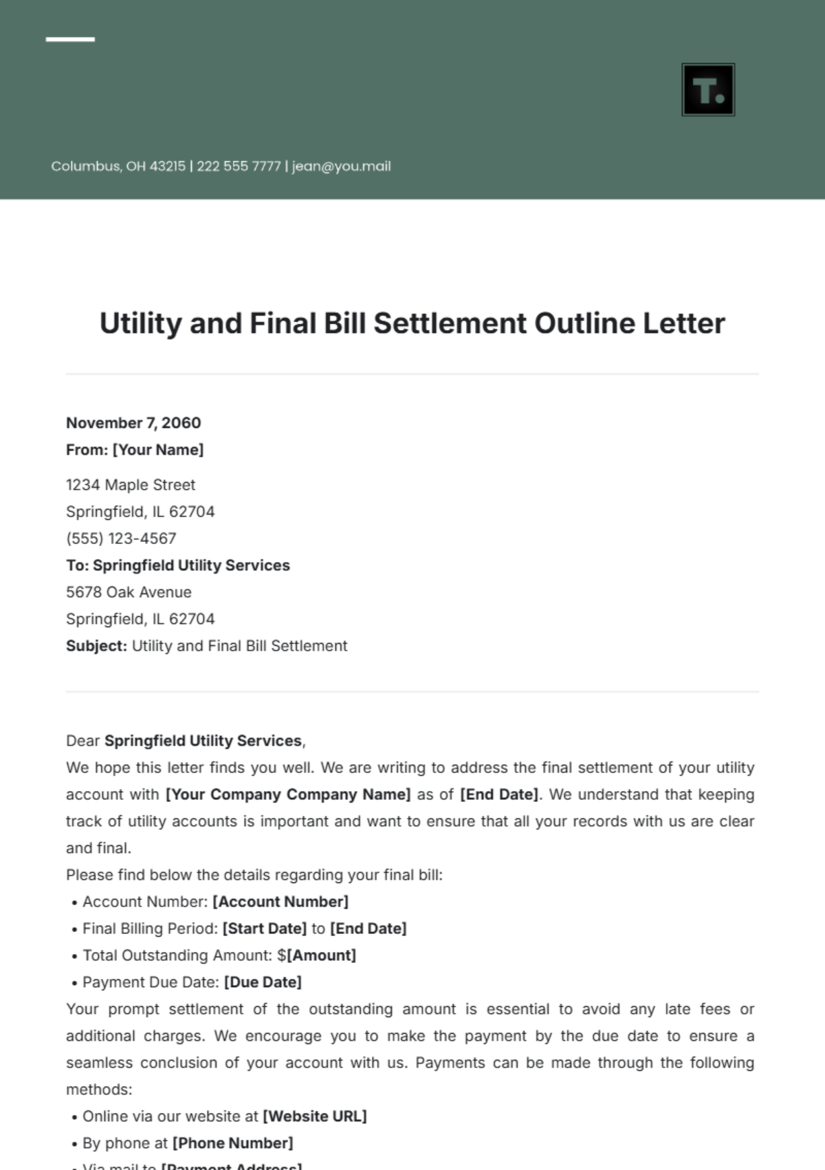 Utility and Final Bill Settlement Outline Letter Template