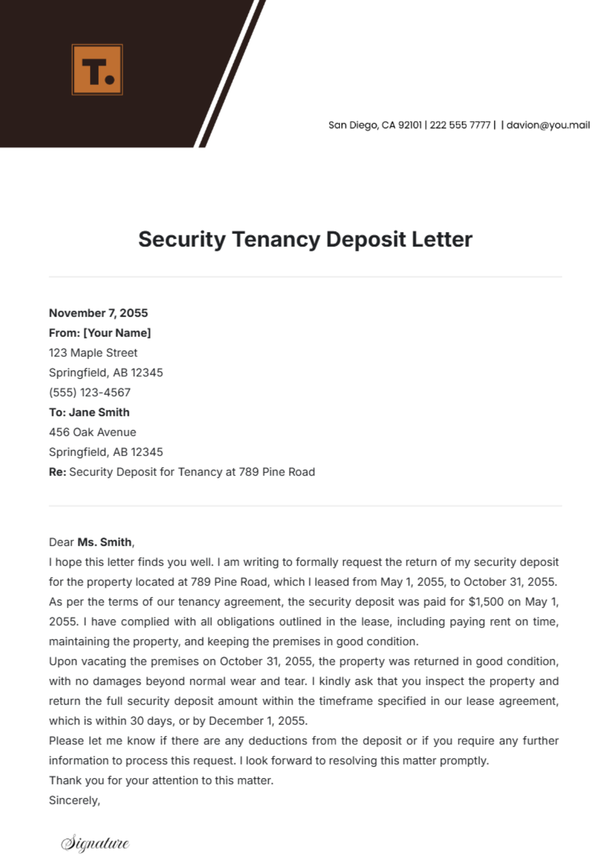 Security Tenancy Deposit Letter Template - Edit Online & Download