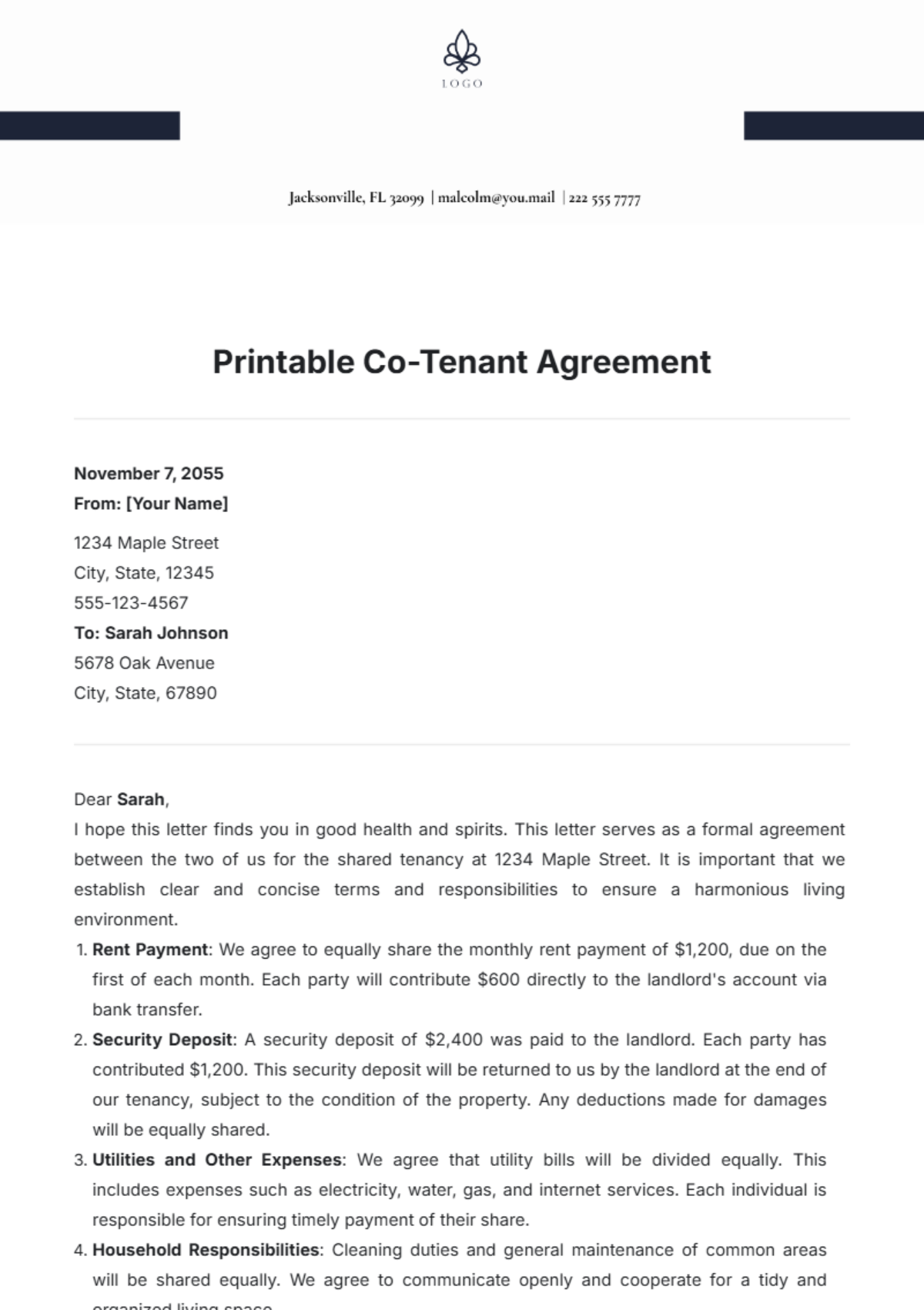 Printable Co-Tenant Agreement Template - Edit Online & Download