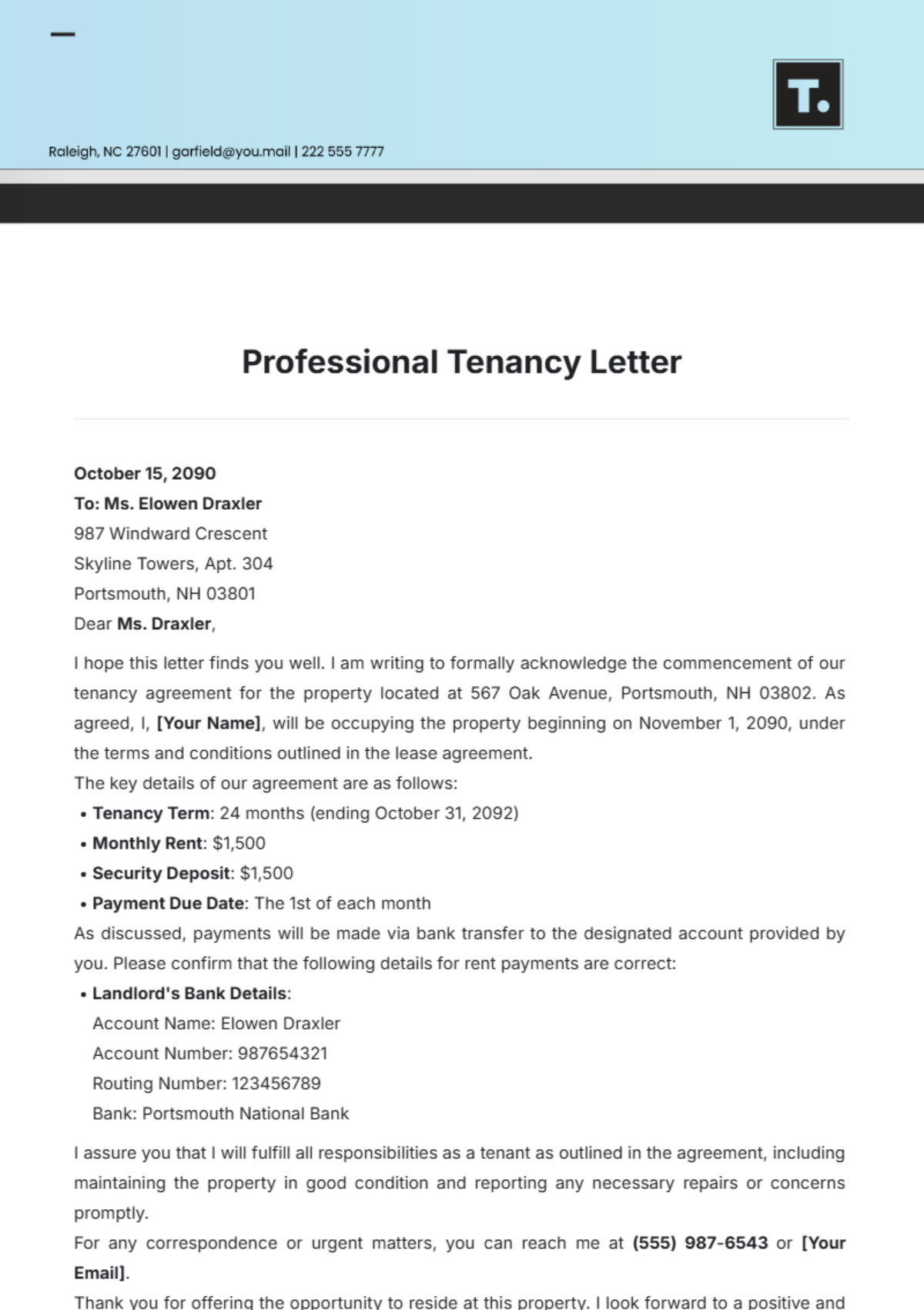 Professional Tenancy Letter Template - Edit Online & Download