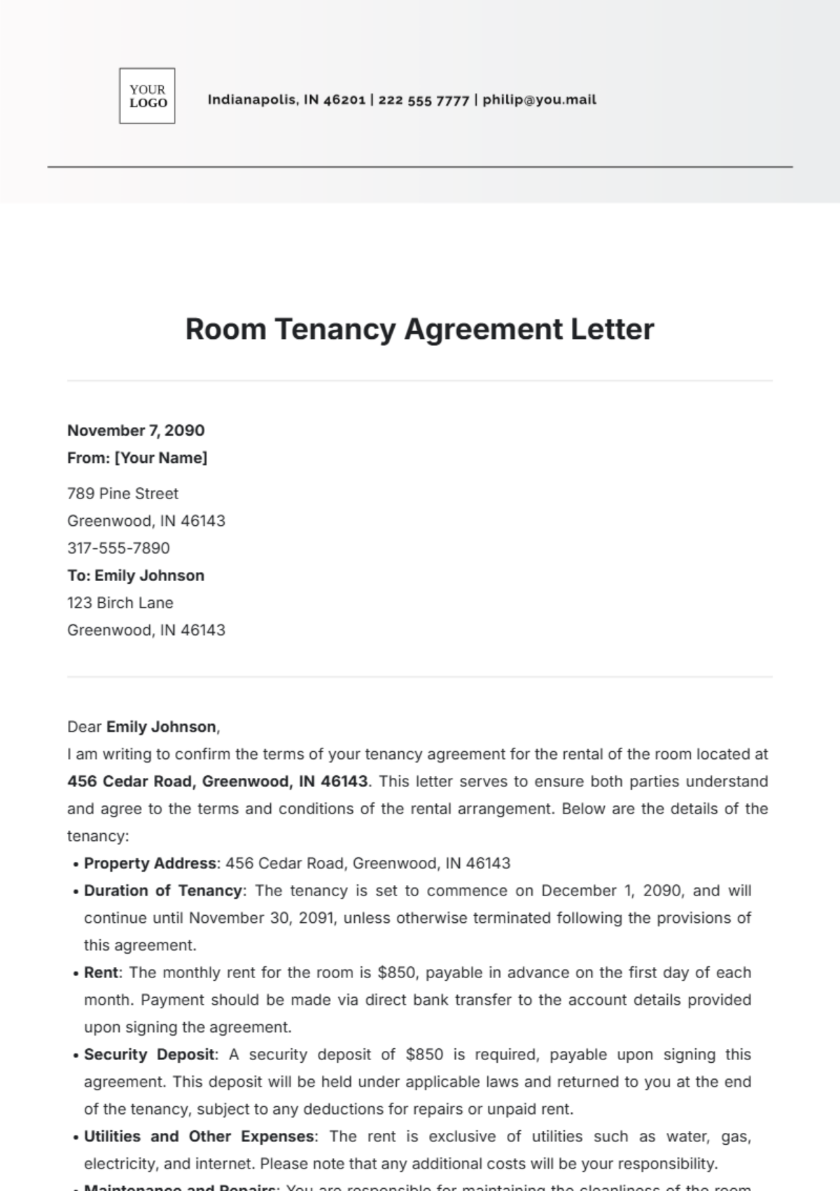 Room Tenancy Agreement Letter Template - Edit Online & Download