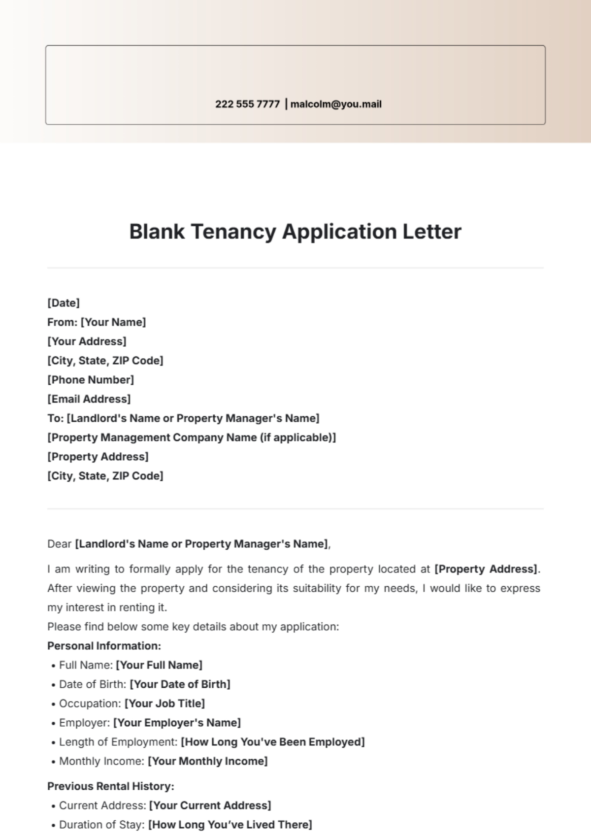 Blank Tenancy Application Letter Template - Edit Online & Download