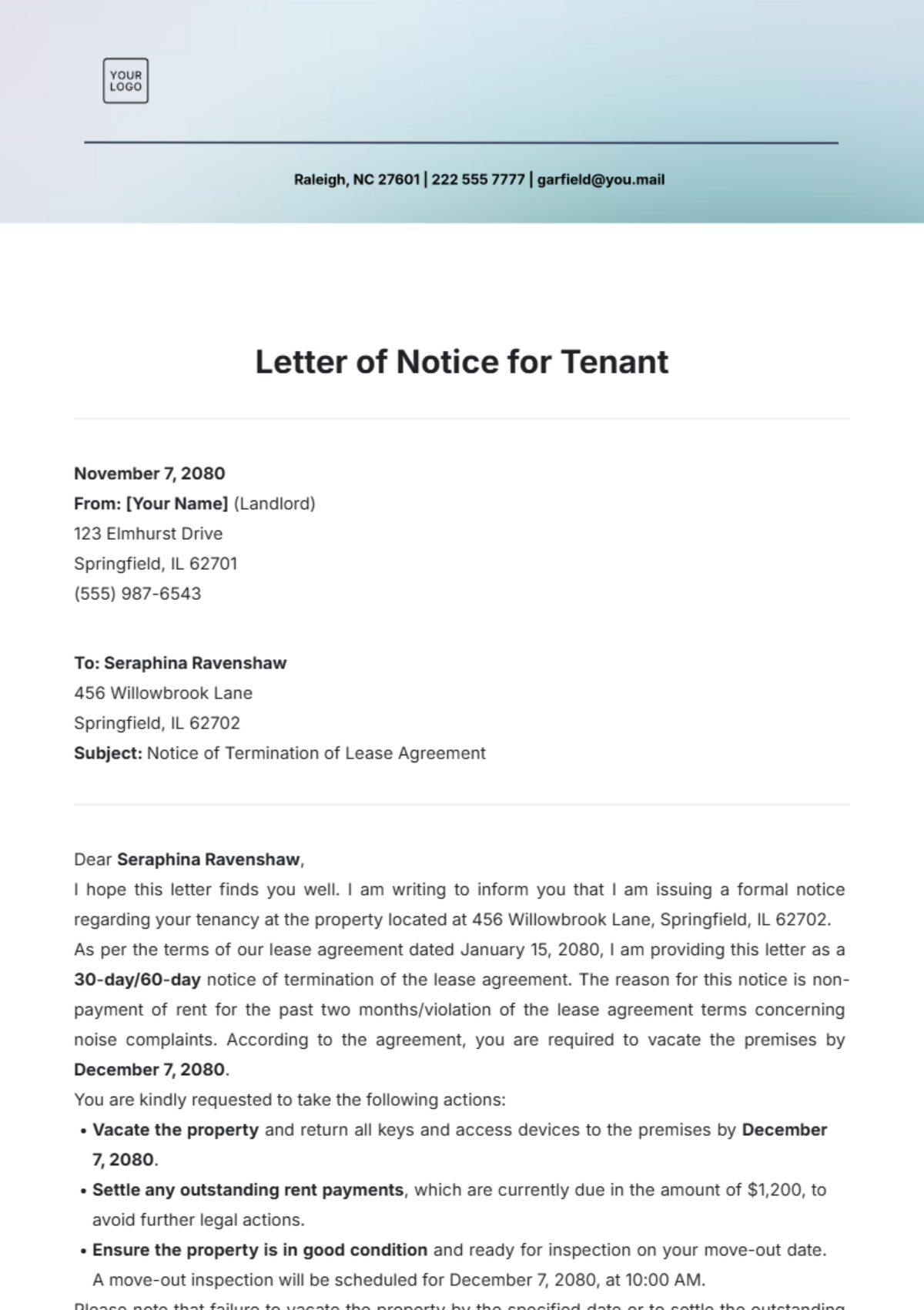 Letter of Notice for Tenant Template - Edit Online & Download