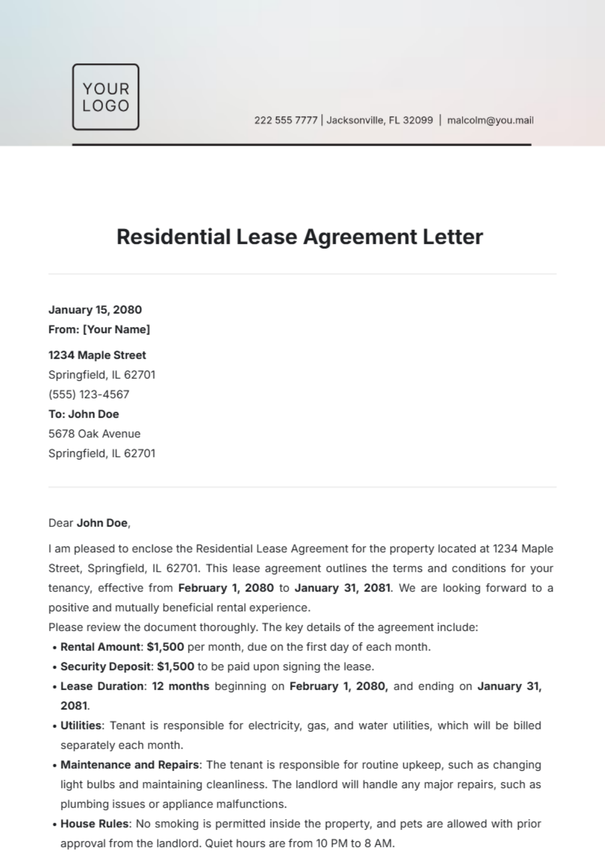 Residential Lease Agreement Letter Template - Edit Online & Download