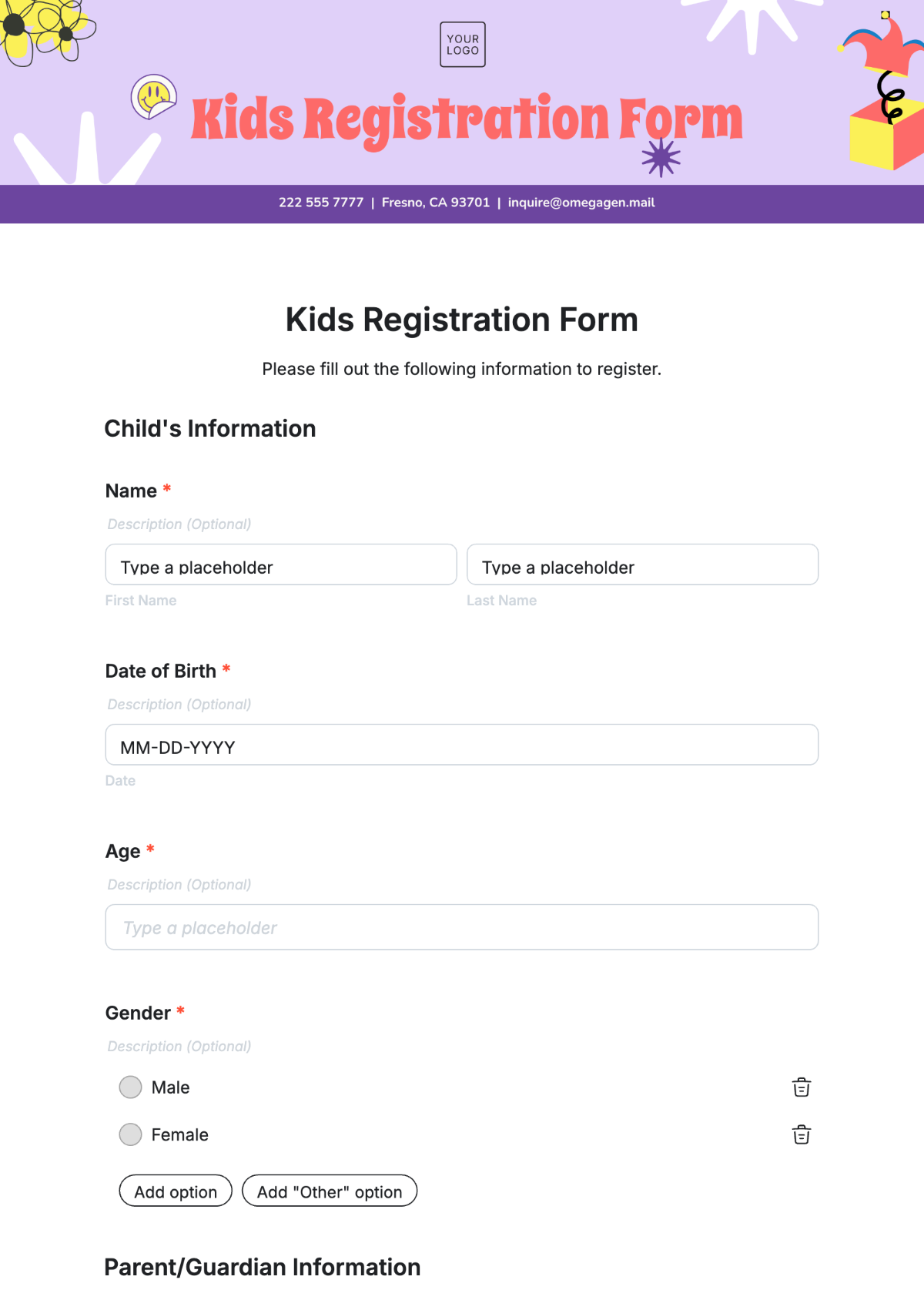 Kids Registration Form Template - Edit Online & Download