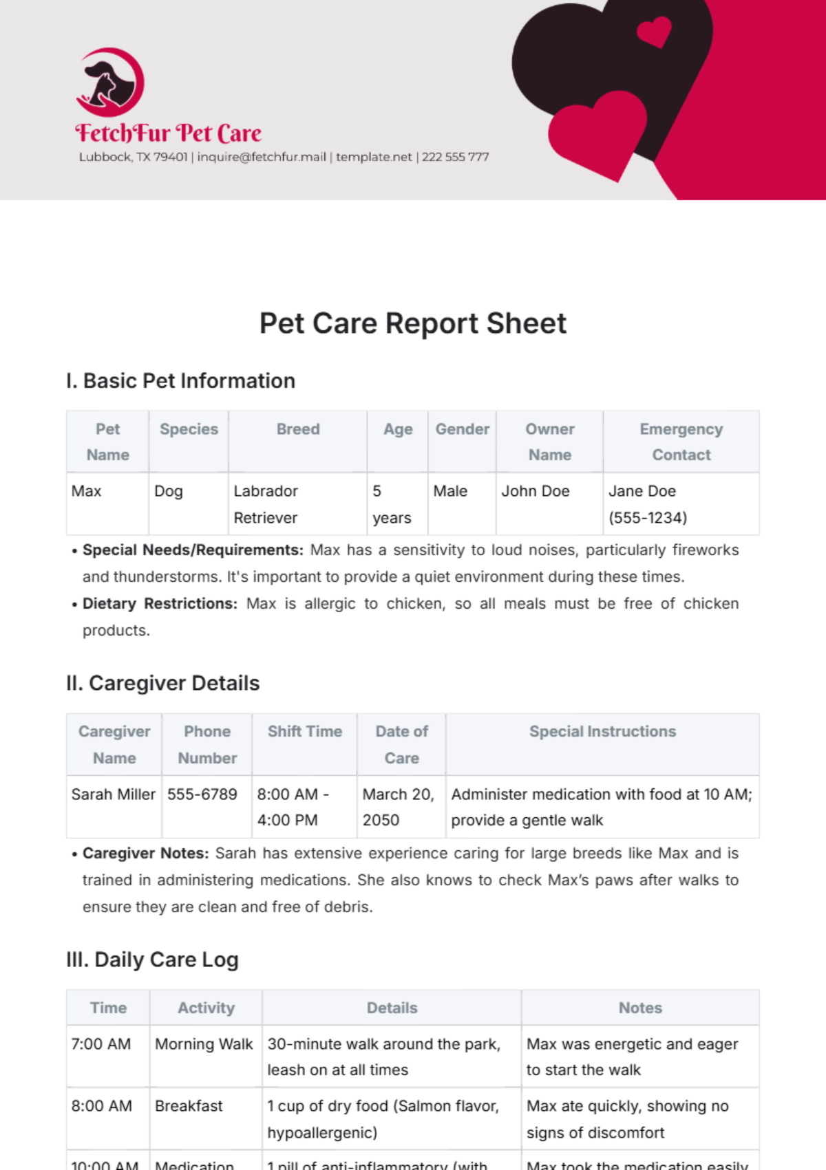 Pet Care Report Sheet Template - Edit Online & Download