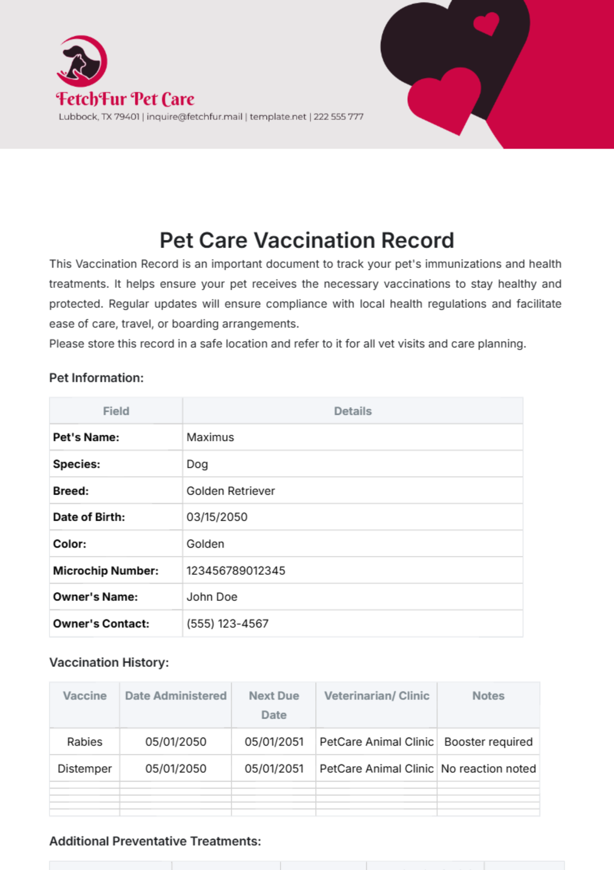 Pet Care Vaccination Record Template - Edit Online & Download