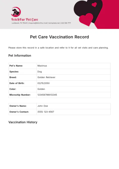 Free Pet Care Vaccination Record Template to Edit Online
