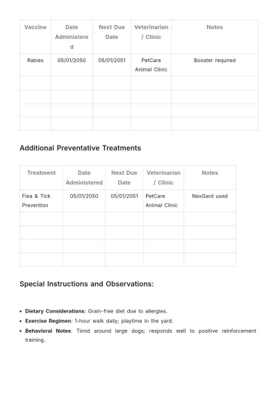 Free Pet Care Vaccination Record Template to Edit Online