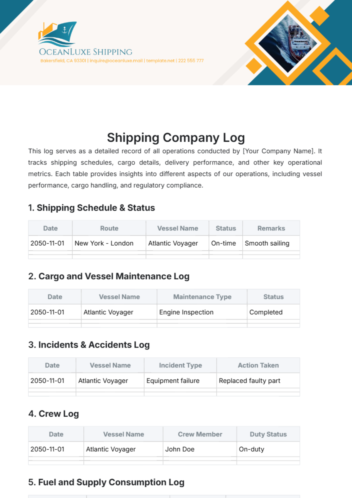 Shipping Company Log Template - Edit Online & Download