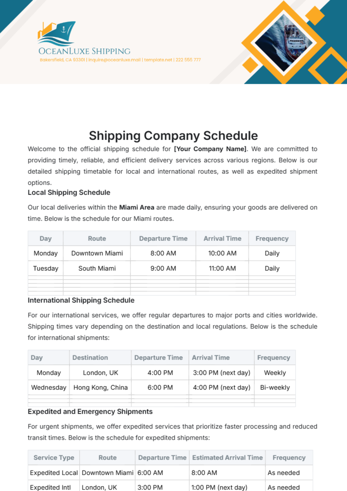 Shipping Company Schedule Template - Edit Online & Download